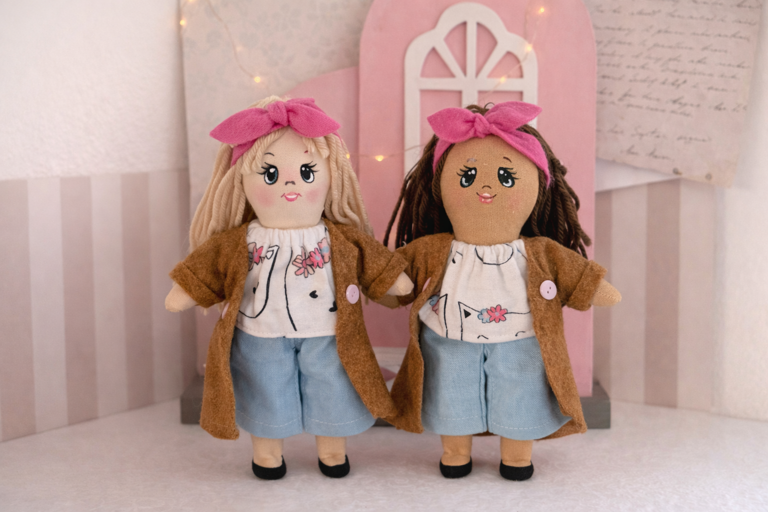 Mini Pocket Doll Set – Handmade Doll with Hand-Painted Bag, Teddy & Dress