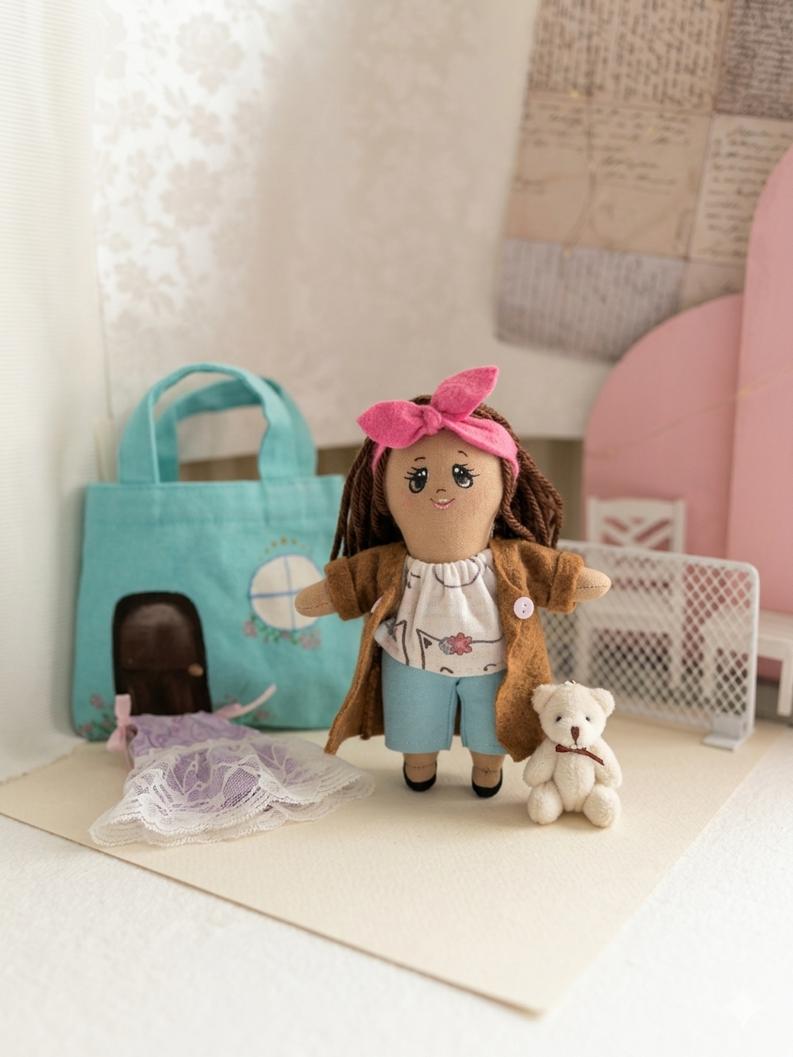 Mini Pocket Doll Set – Handmade Doll with Hand-Painted Bag, Teddy & Dress