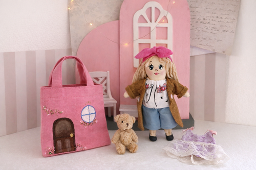 Mini Pocket Doll Set – Handmade Doll with Hand-Painted Bag, Teddy & Dress